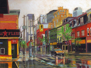 Morning Rain on Queen St. Toronto, original oil painting