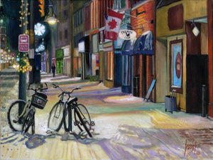 Bus stop by the French Café, print on canvas
