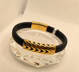 Men's stainless steel with gold plate bracelet, genuine leather