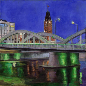 Bridge St. bridge with green lights in the evening, oil painting by Jesus Estevez