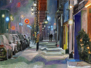 Night lights downtown Belleville Ontario, original oil painting