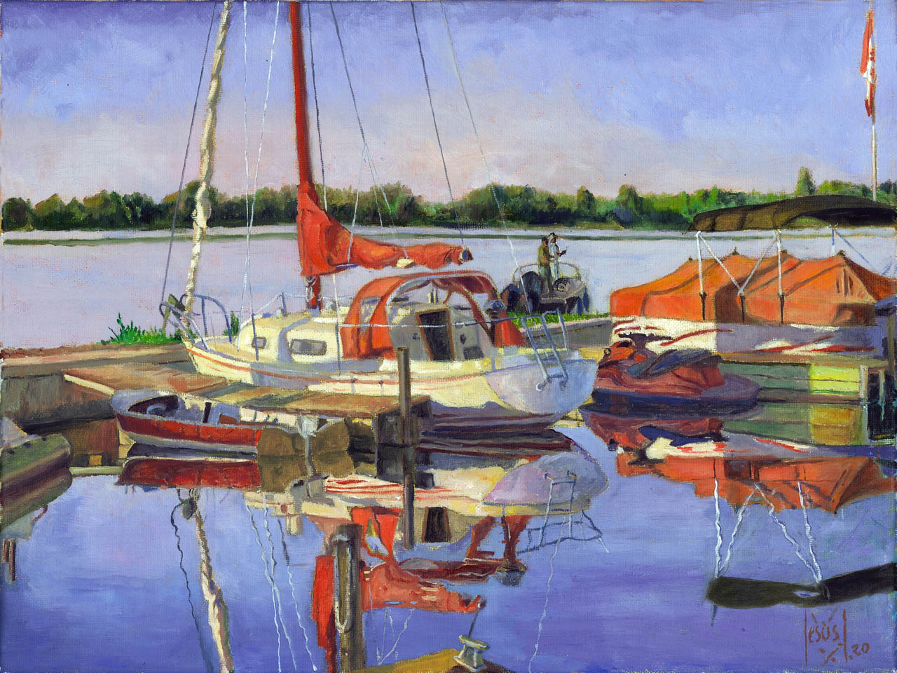 Red boats, original oil painting