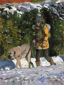 Lady with a yellow coat walking dog, original oil painting