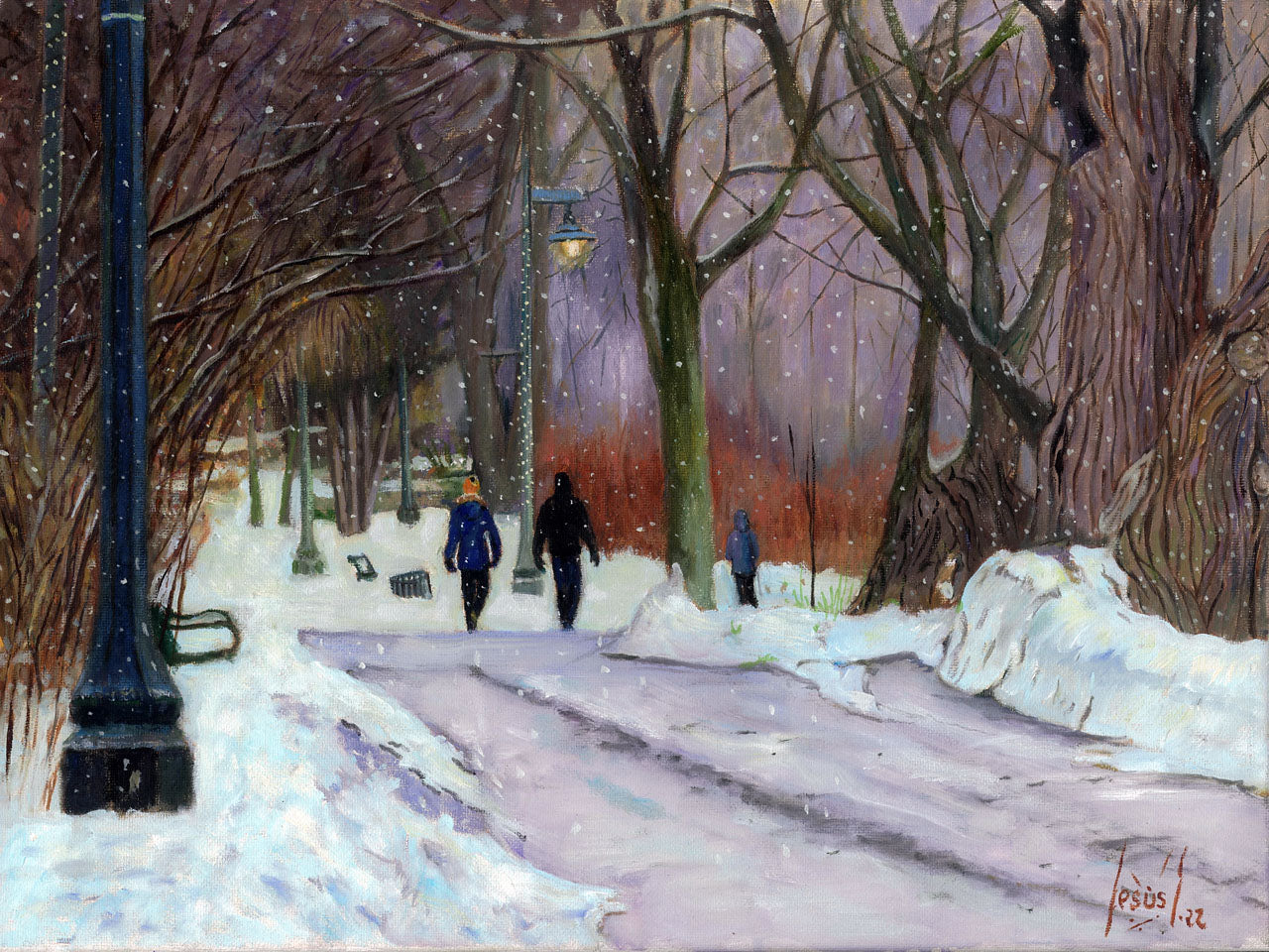 Snowing in the park, original oil painting