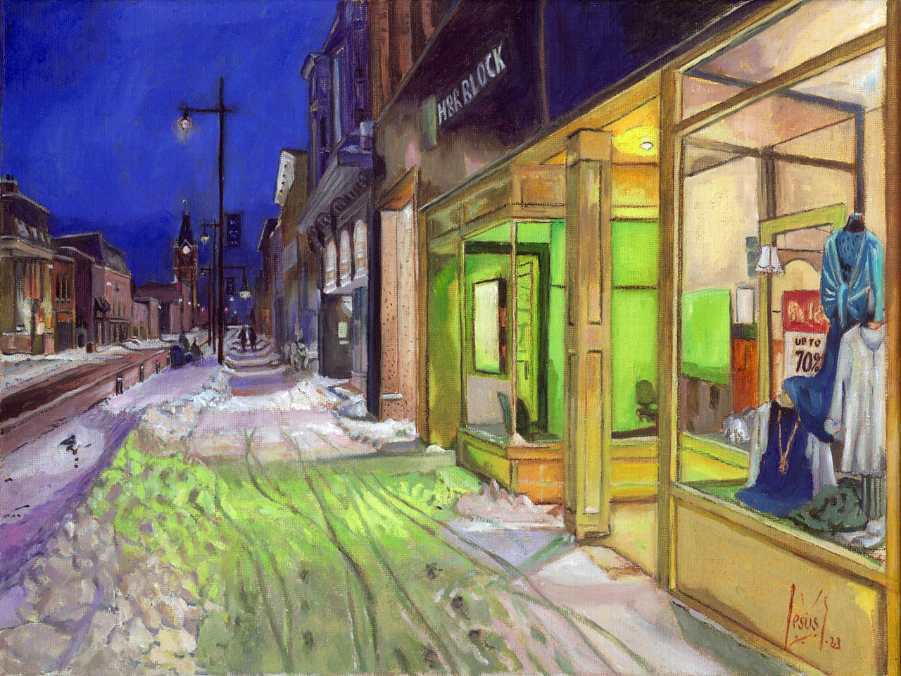 Yellow store with green light, original oil painting on canvas