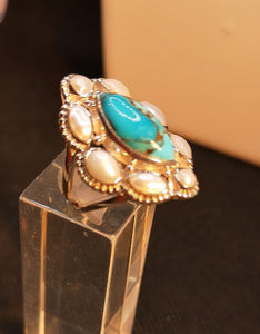 Genuine turquoise and real pearl ring in sterling silver