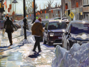 Sunny and Snowy on Front Street, original oil painting