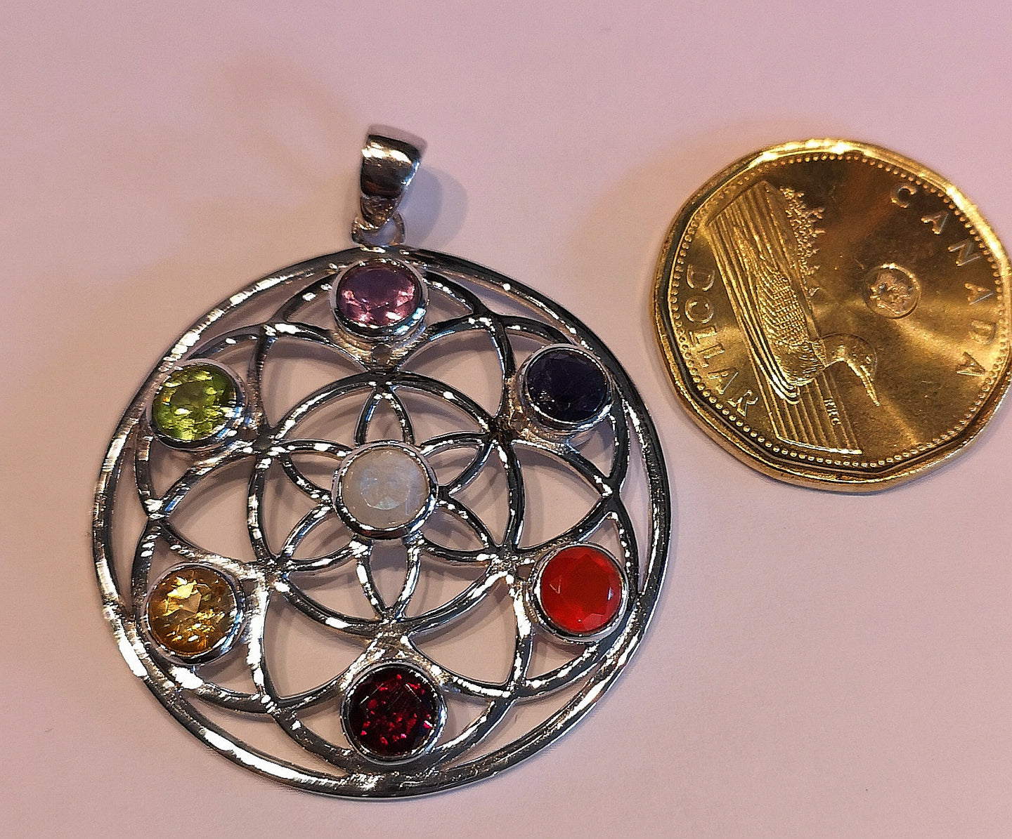 Large chakra pendant in sterling silver with 7 genuine stones