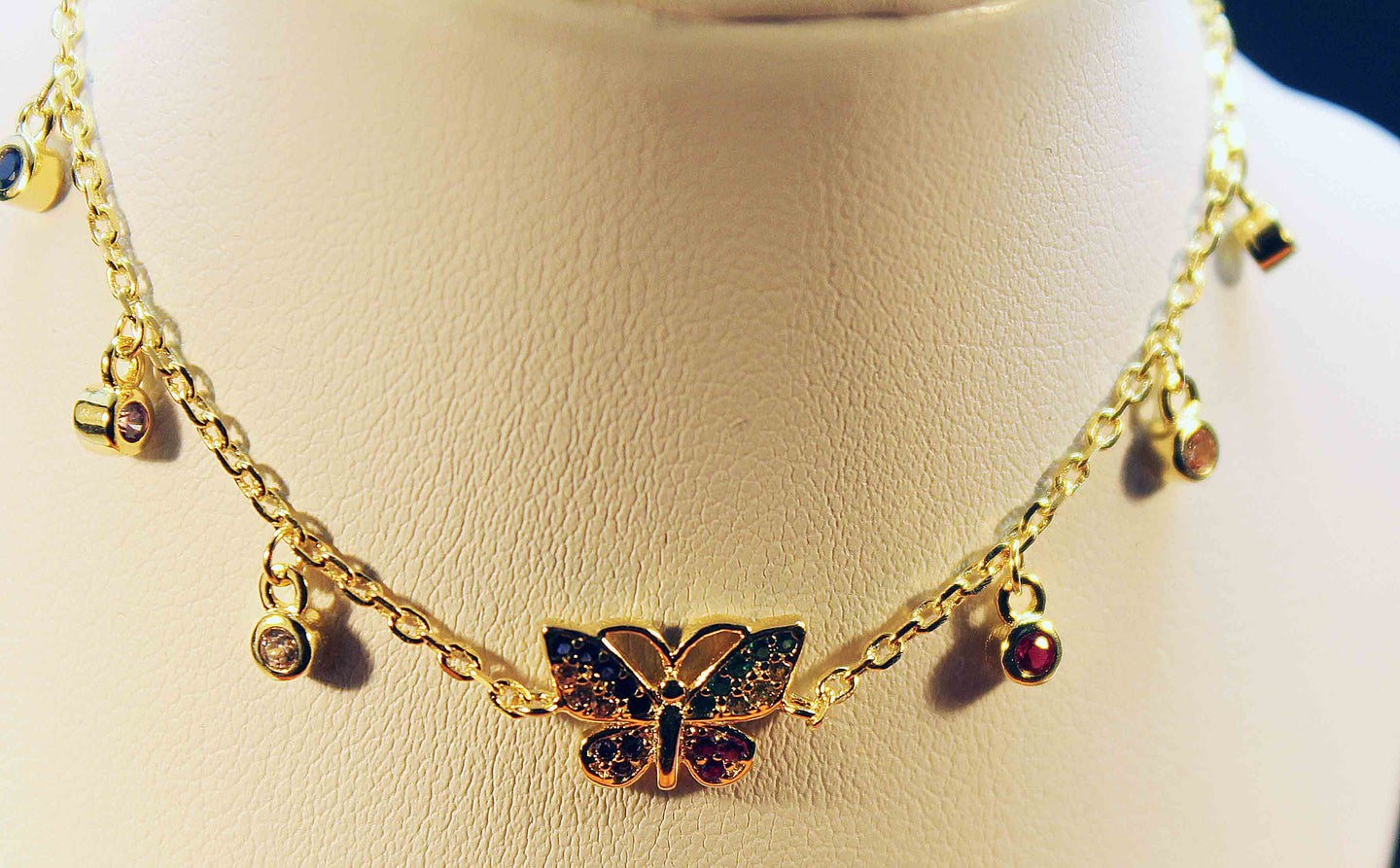 Gold plated siver with colored cubic butterfly and hanging charms bracelet