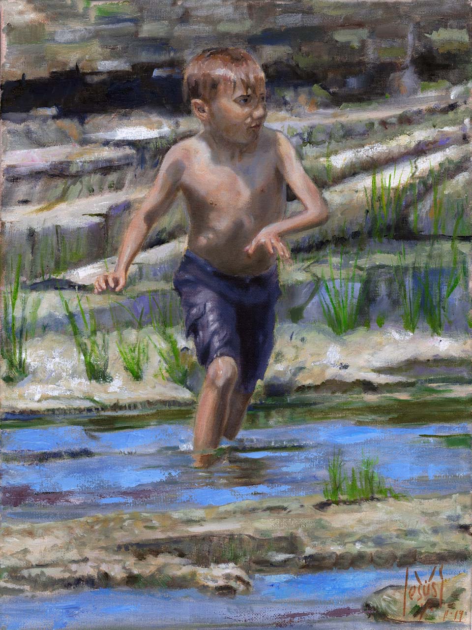 BOY AT THE MOIRA RIVER, BY VANDERWATER, original oil painting