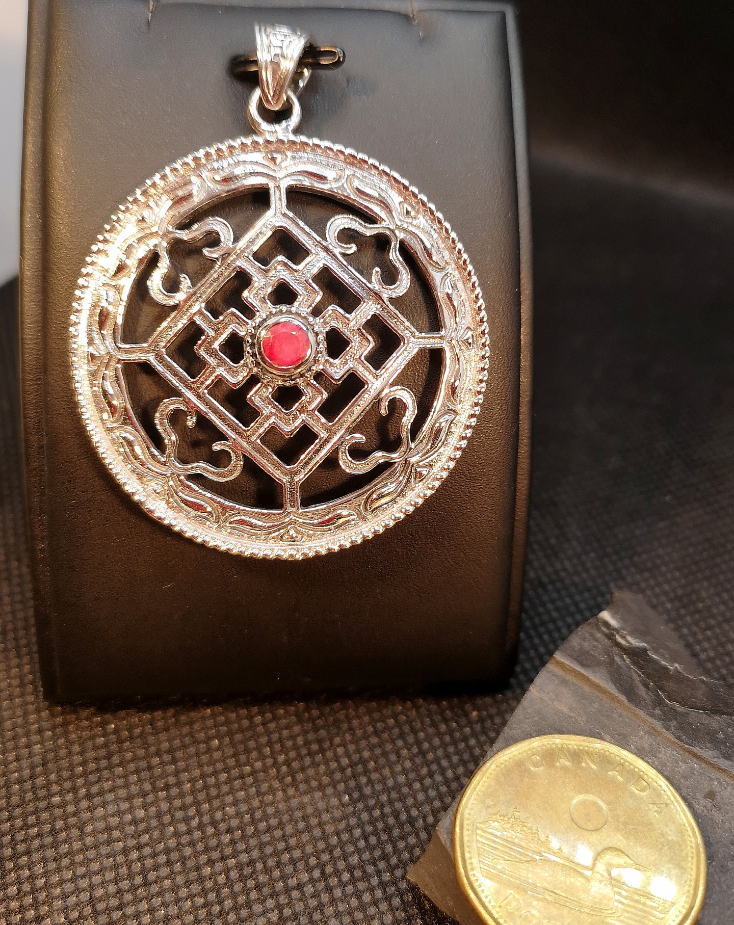 Large handmade sterling silver mandala style pendant with ruby
