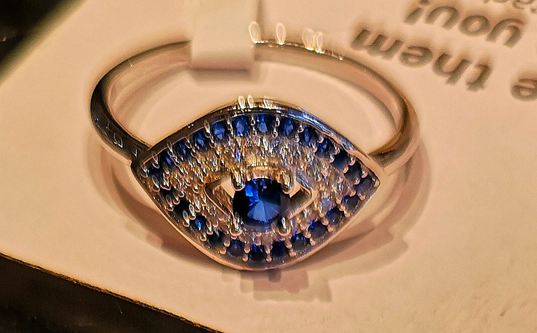 Evil eye cubic ring in sterling silver with rhodium finish