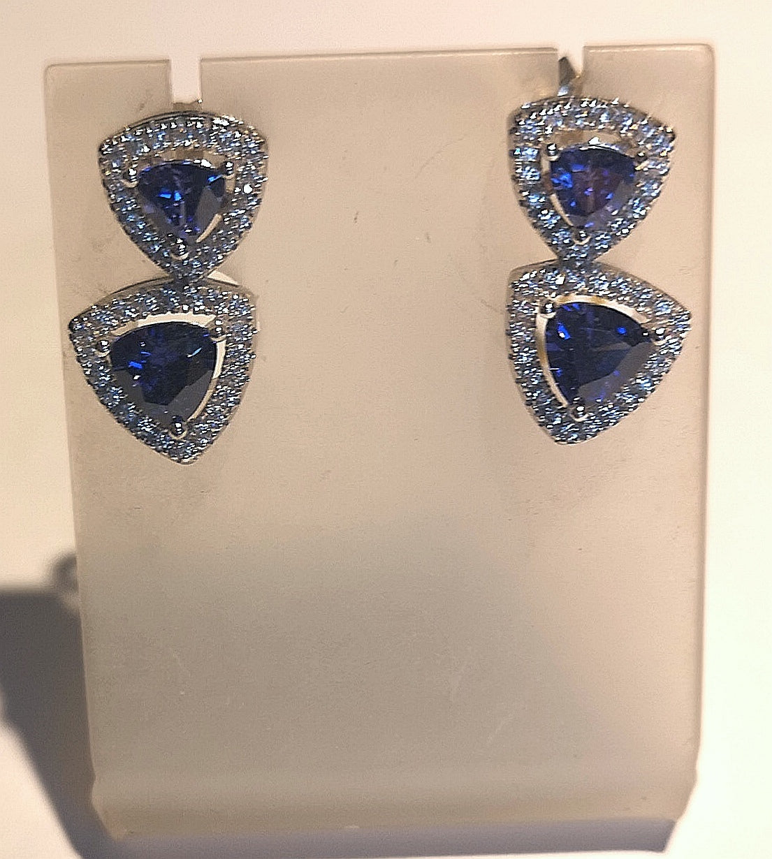 Sapphire look alike cubic earrings in sterling silver with rhodium finish