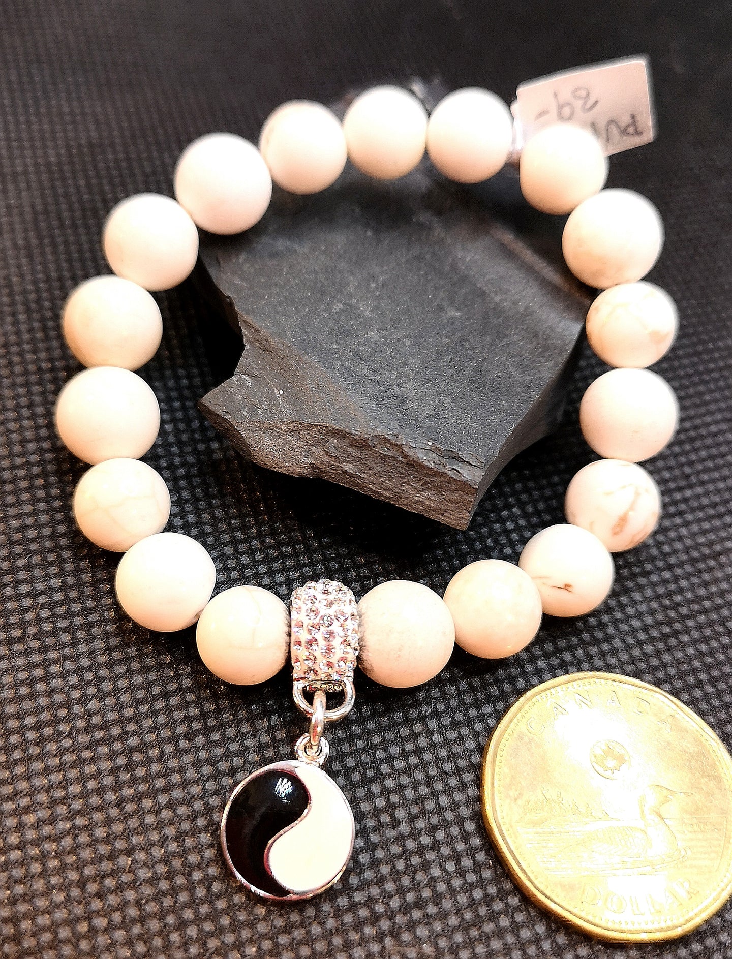 Howlite stone on elastic bracelet with sterling silver enamel yin yang charm