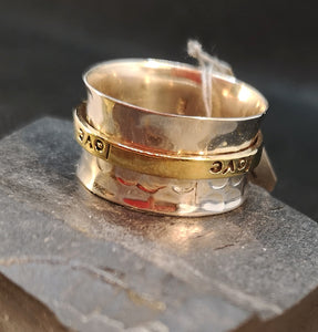 Meditation/Spin ring in sterling silver with brass ring engraved with the word, love