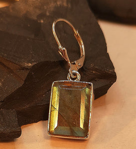 Rectangular cut labradorite sterling silver earring with hinge back closure