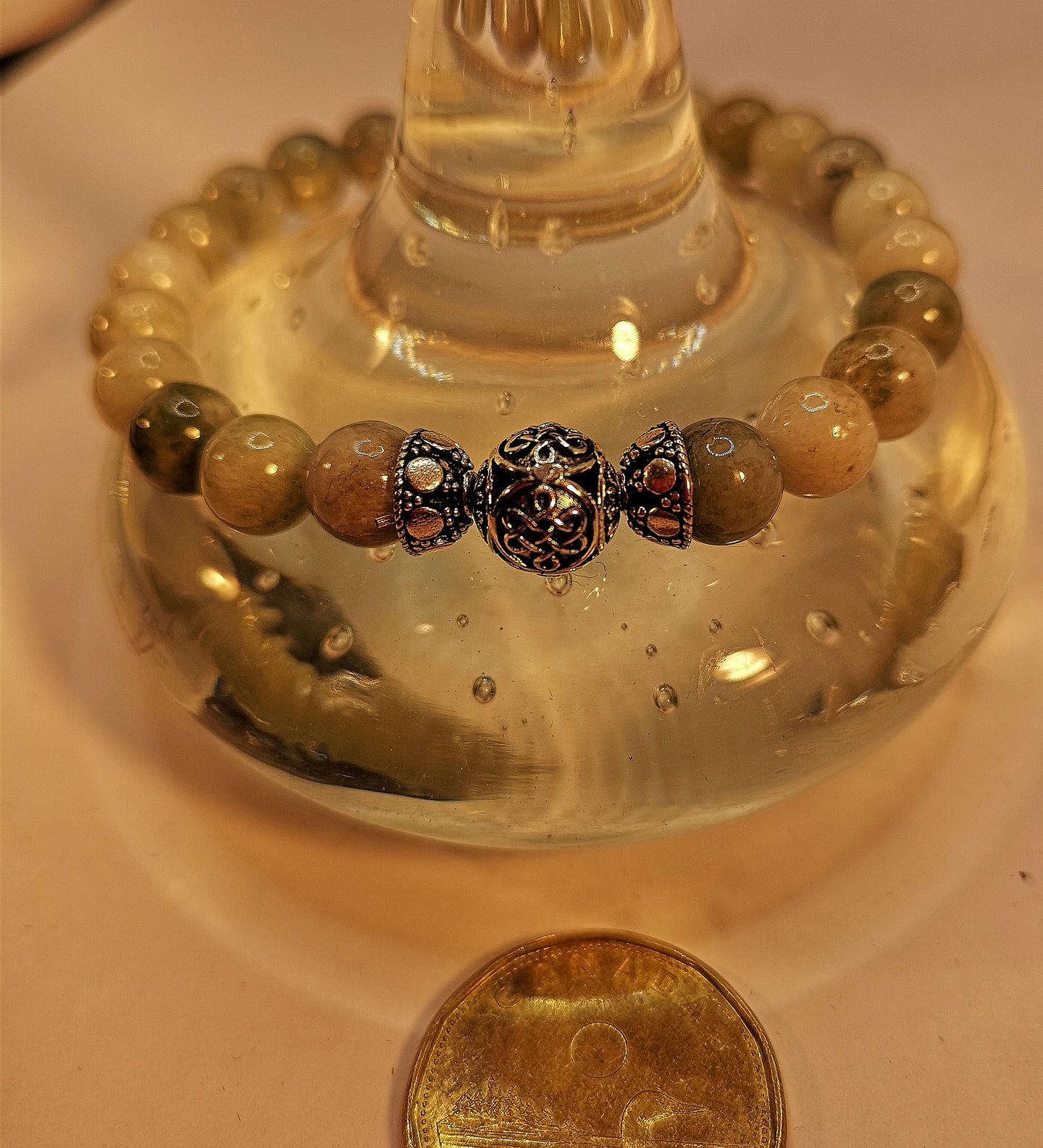 Large sized Burmese jade elastic bracelet with handmade central beads