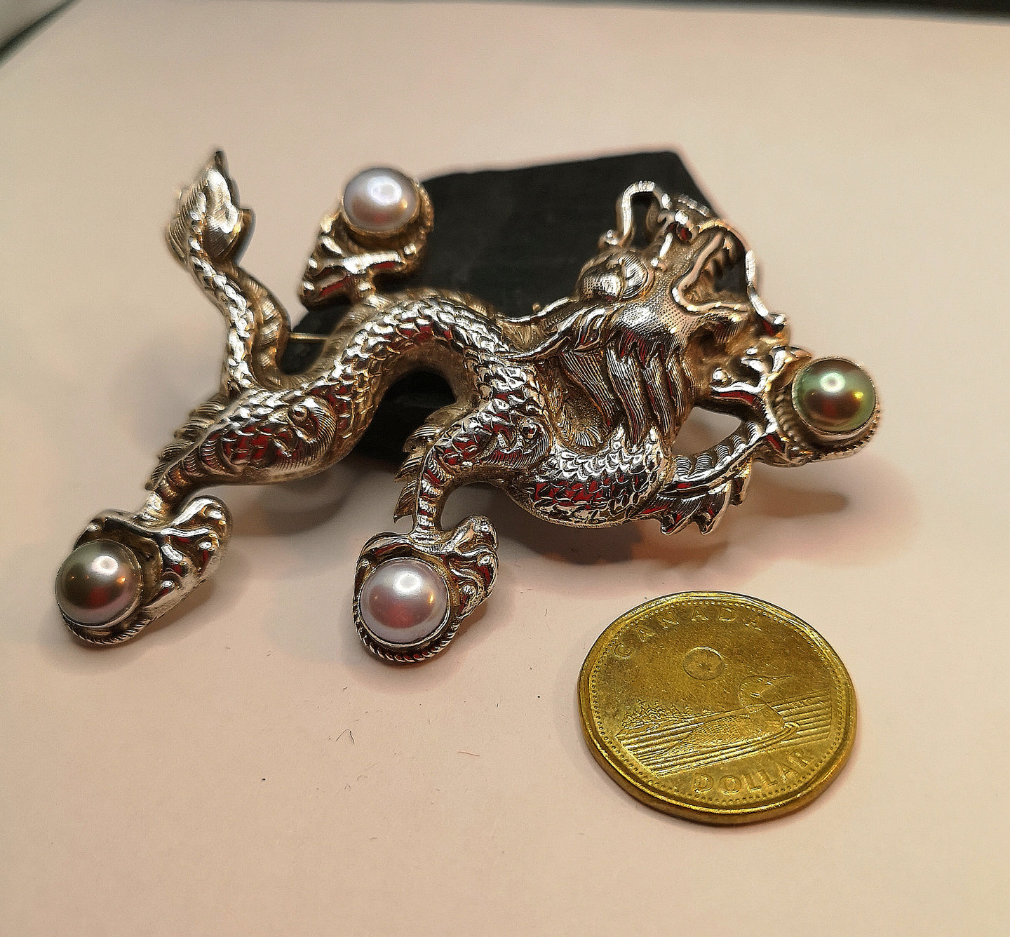 Dragon brooch in sterling silver with genuine mabe pearl, handmade
