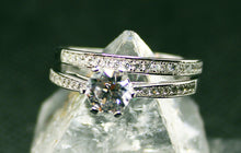 Load image into Gallery viewer, Silver with rhodium finish, cubic inlay, engagement and wedding ring set, 2 rings included

