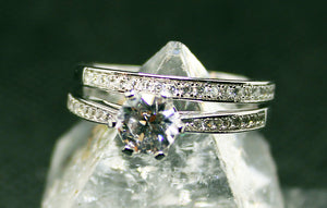 Silver with rhodium finish, cubic inlay, engagement and wedding ring set, 2 rings included