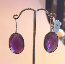 Load image into Gallery viewer, Large faceted oval amethyst earrings in sterling silver with rhodium finish
