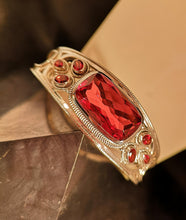Load image into Gallery viewer, Garnet and red quartz center stone cuff bracelet in sterling silver

