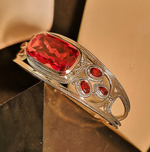 Load image into Gallery viewer, Garnet and red quartz center stone cuff bracelet in sterling silver
