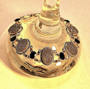 Multi crystal drusy agate with black spinel sterling silver bracelet