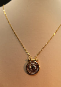 Two tone, silver and gold plate coin necklace in sterling silver with rhodium and gold finish