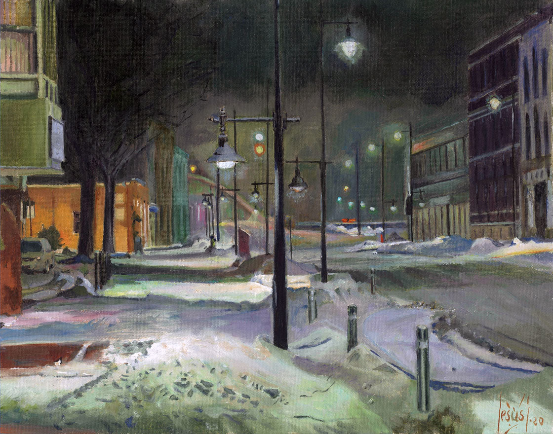 NOCHE DE FAROLAS, Street lamps in Belleville Ontario, original oil on canvas