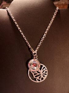 Sterling silver necklace with rhodium, front closure, butterfly with cubic inlay and crystal pendant