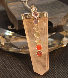 Rose quartz chakra pendant with 7 chakra genuine stones, set in sterling silver