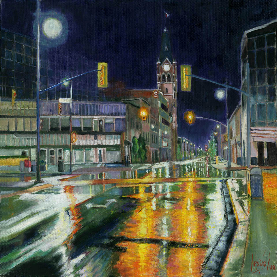 NIGHT RAIN IN DOWNTOWN BELLEVILLE, original oil painting
