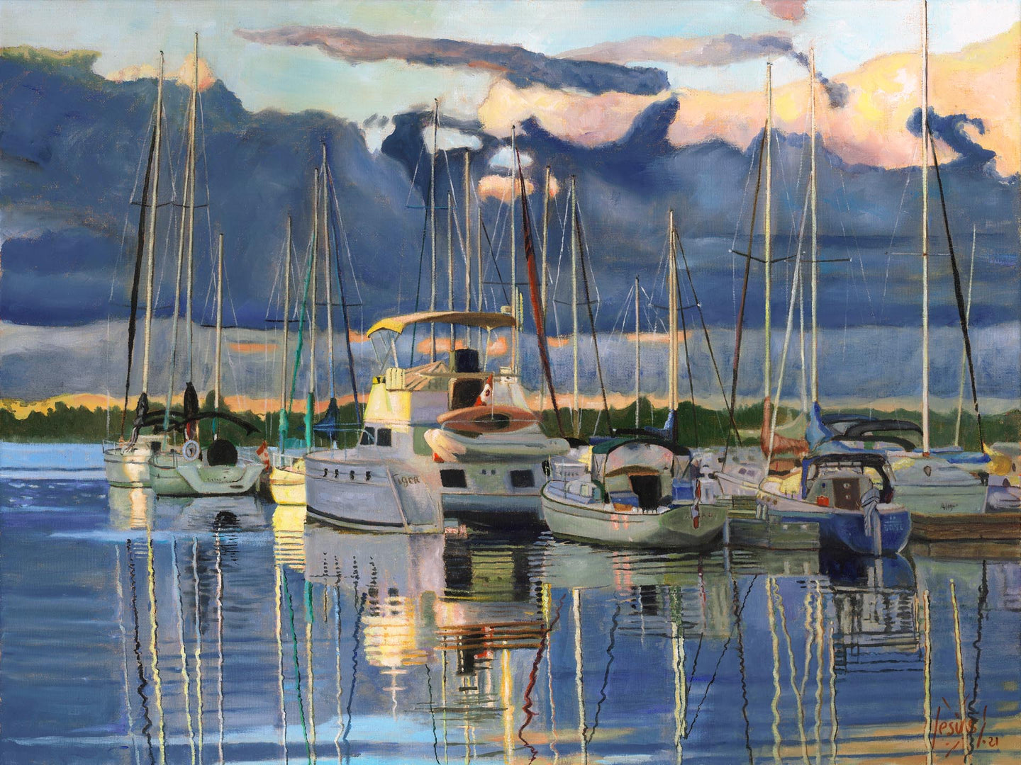 First Rays of sun on the harbor. print on canvas