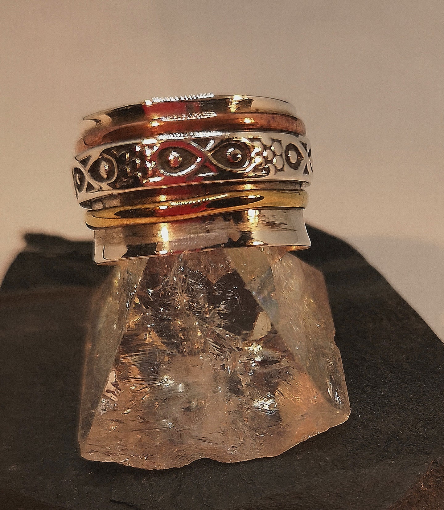 Meditation/Spin ring in sterling silver with copper and brass accents