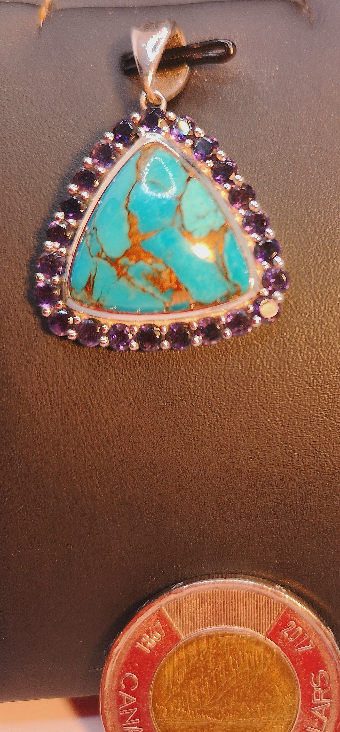 Mohave copper turquoise pendant with iolite in sterling silver