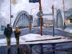 Snowing by the bridge, print on canvas