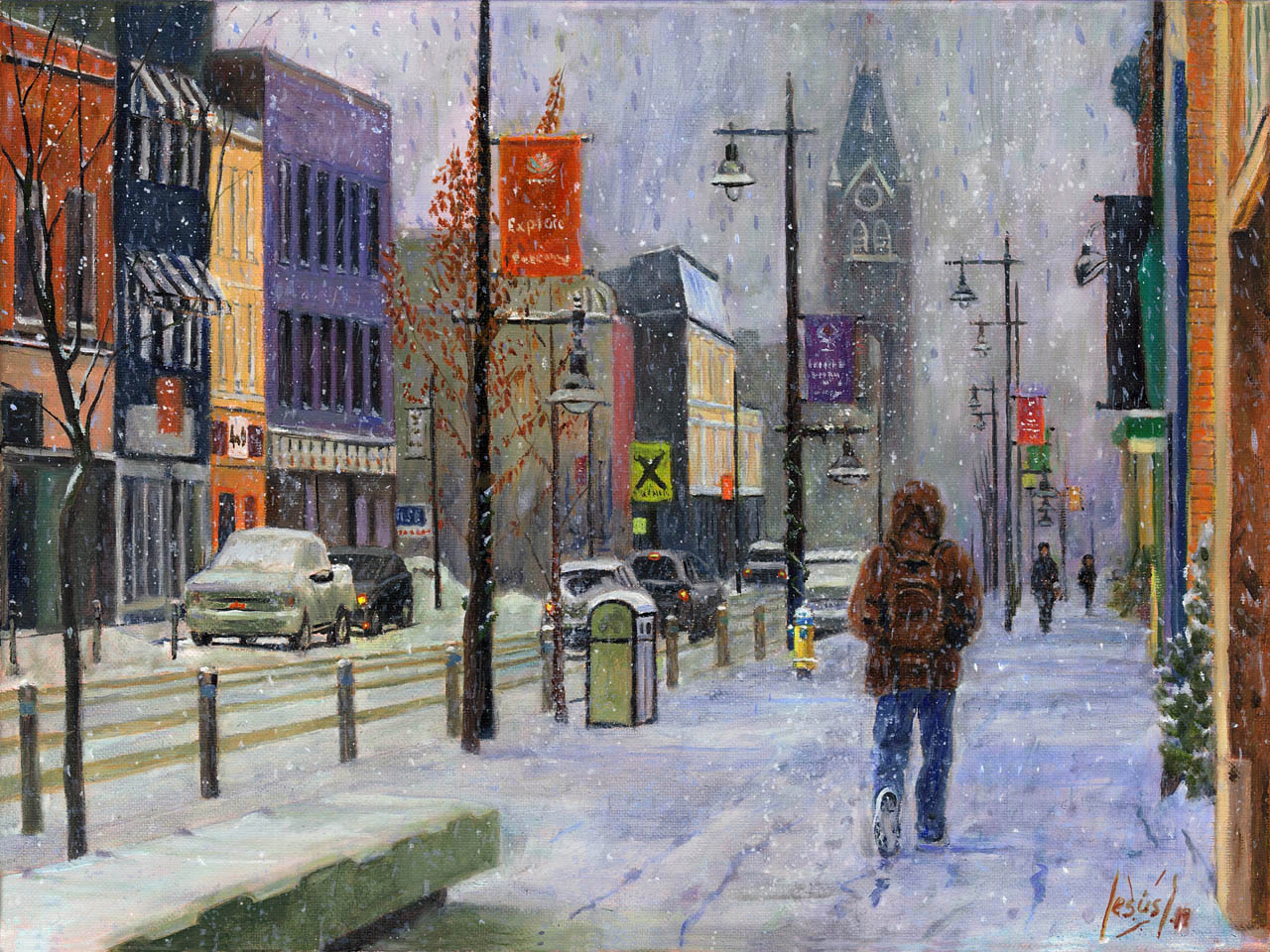 SNOWING IN DOWNTOWN, original oil painting