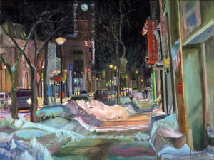 A winter night downtown, original oil painting